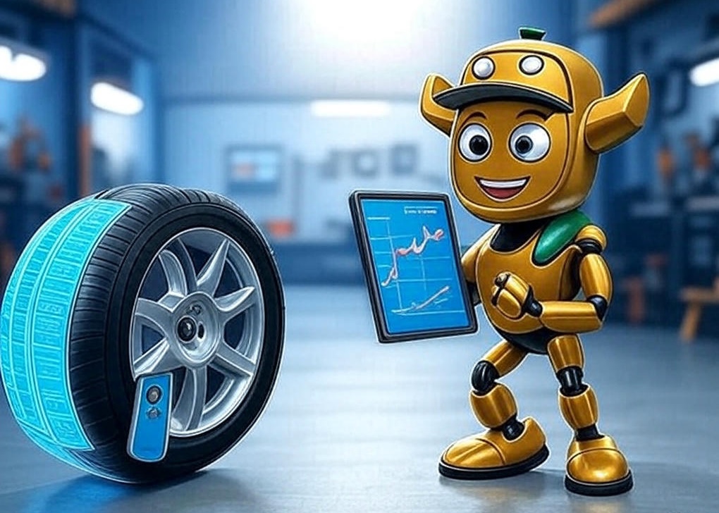 AI robot mechanic with diagnostic tablet and smart tire